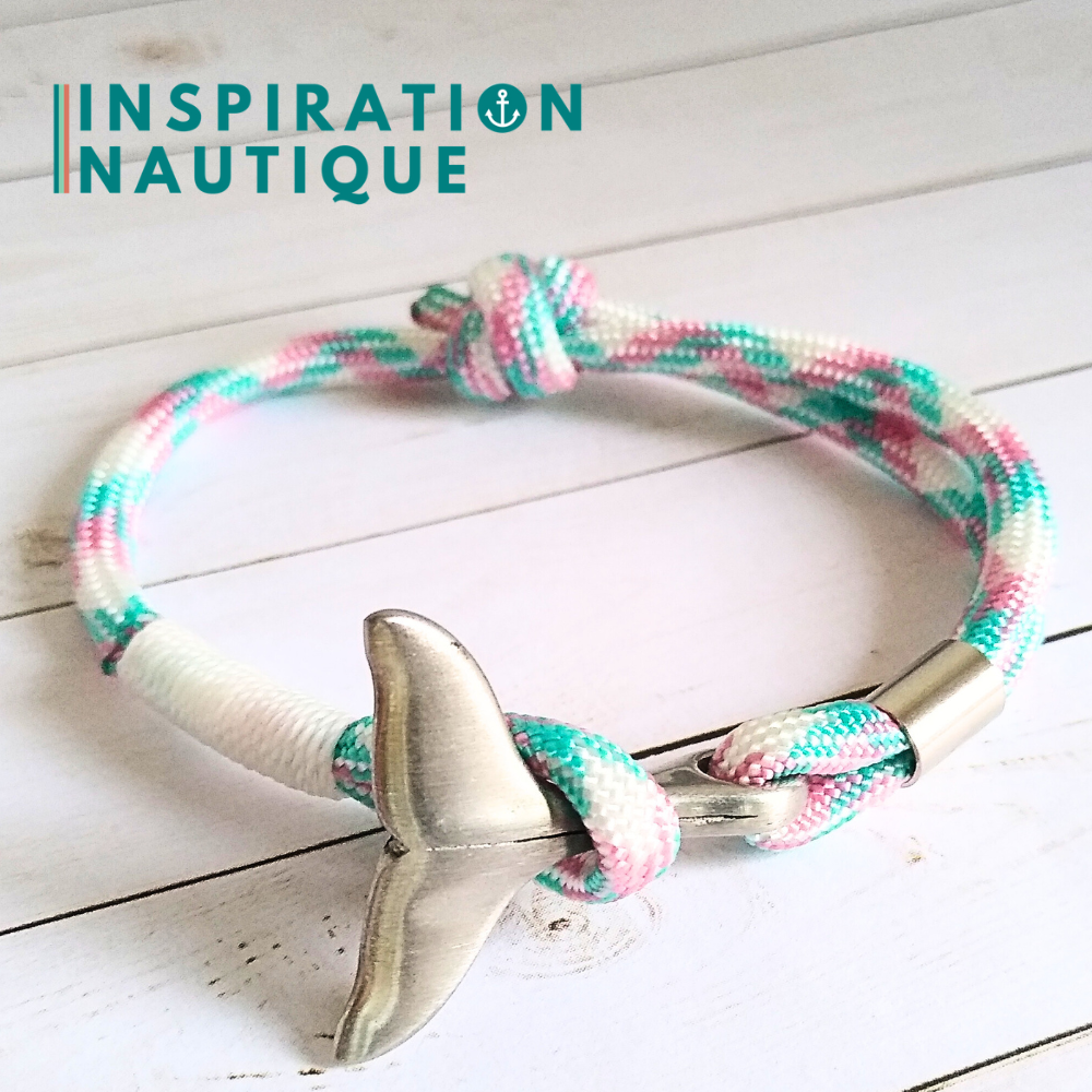 Bracelet marin avec queue de baleine en paracorde 550 et acier inoxydable, ajustable, Turquoise, rose, blanc, surliure blanche, Medium