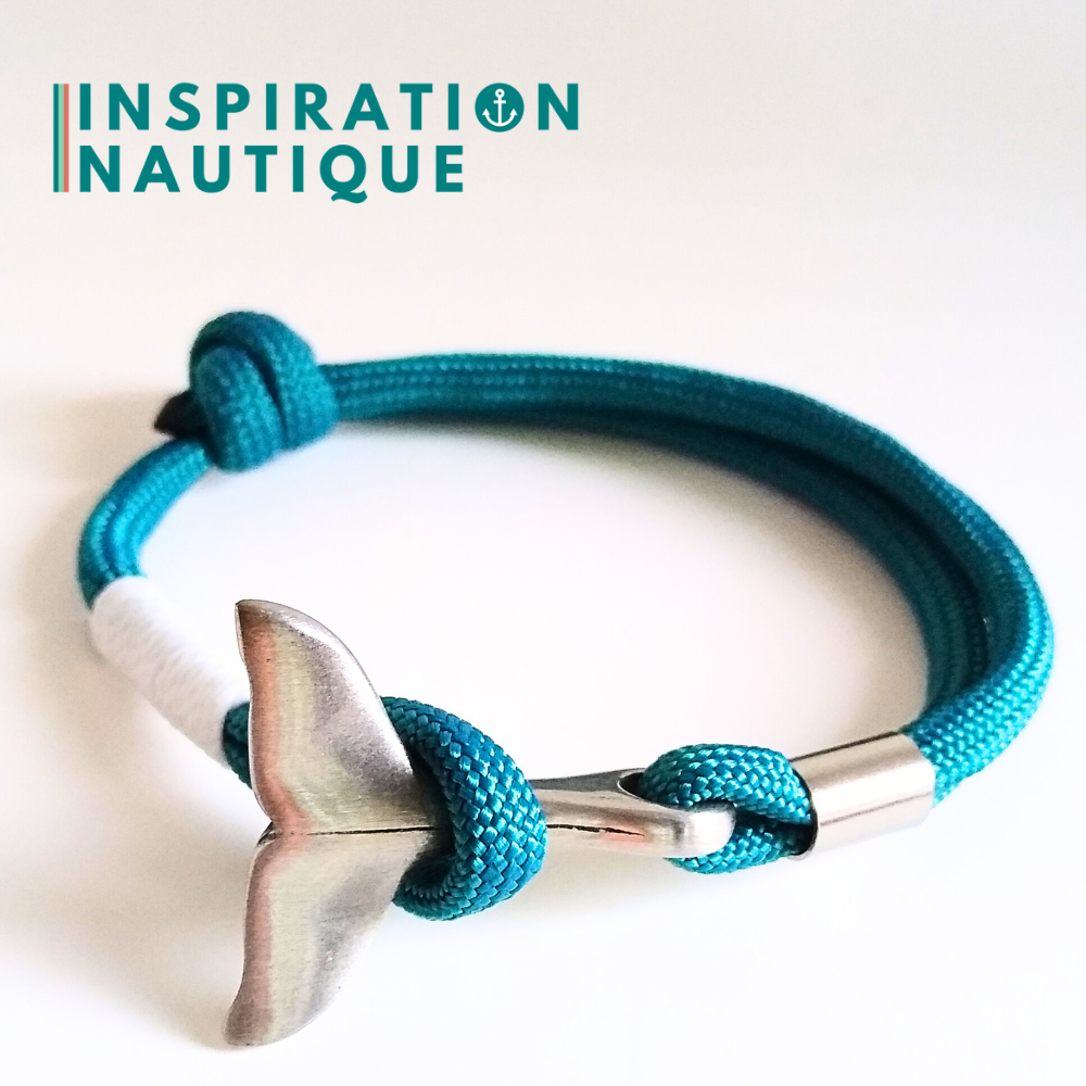Bracelet marin avec queue de baleine en paracorde 550 et acier inoxydable, ajustable, Sarcelle doux, surliure blanche, Medium