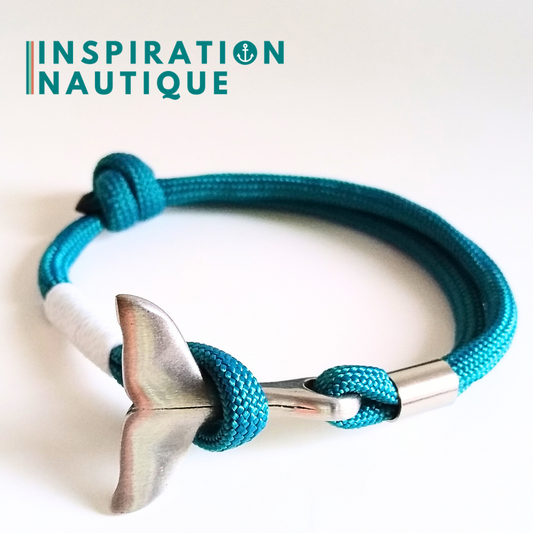 Bracelet marin avec queue de baleine en paracorde 550 et acier inoxydable, ajustable,  Sarcelle doux, surliure blanche, Medium