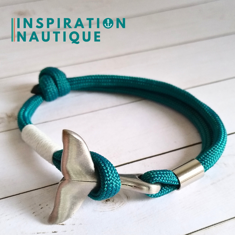 Bracelet marin avec queue de baleine en paracorde 550 et acier inoxydable, ajustable, Sarcelle doux, surliure blanche, Medium