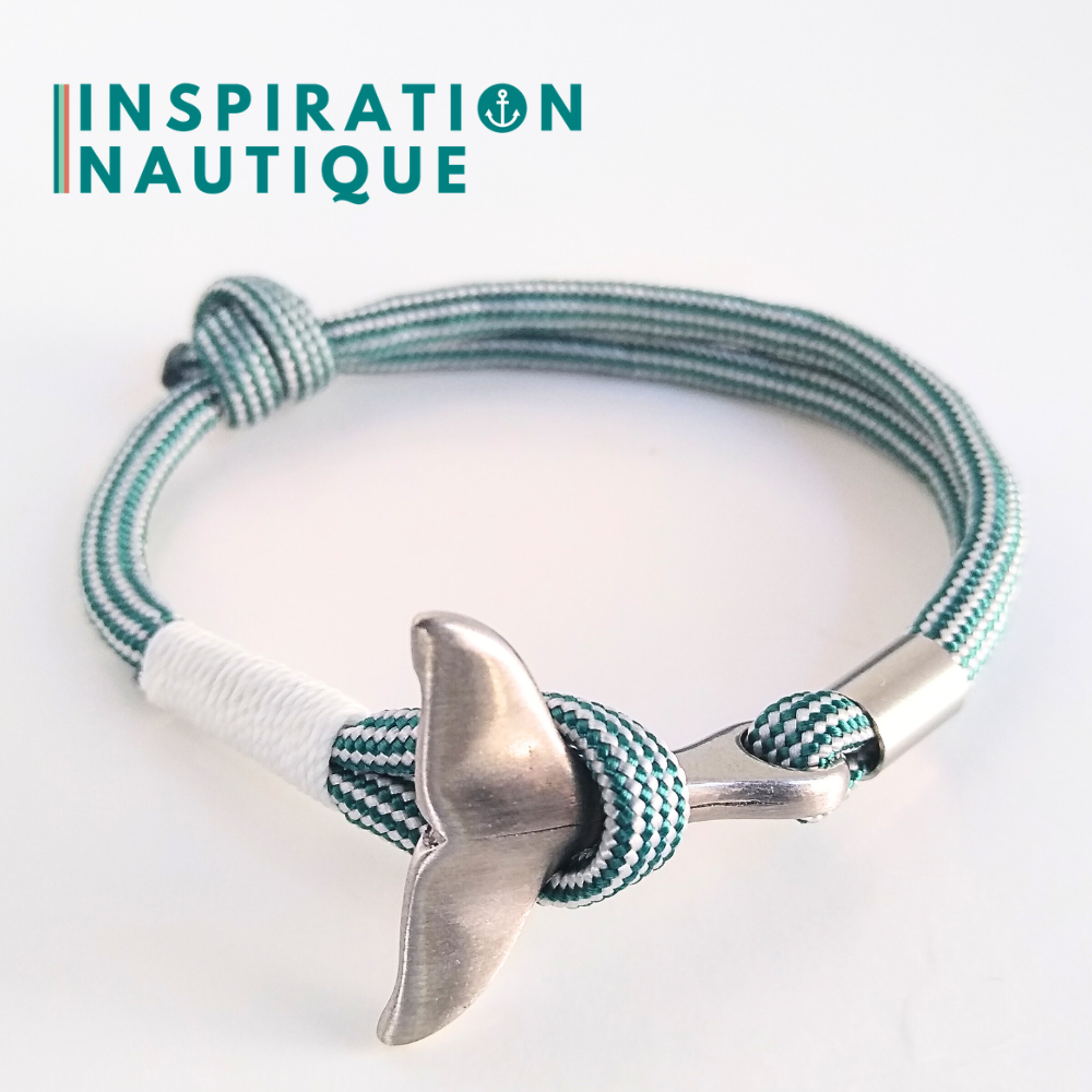 Bracelet marin avec queue de baleine en paracorde 550 et acier inoxydable, ajustable, Sarcelle et blanc, ligné, surliure blanche, Medium