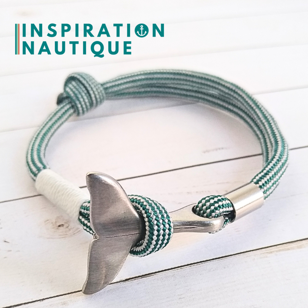 Bracelet marin avec queue de baleine en paracorde 550 et acier inoxydable, ajustable, Sarcelle et blanc, ligné, surliure blanche, Medium