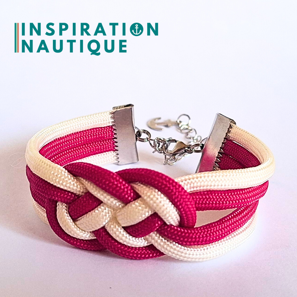 Bracelet marin avec noeud de carrick double, en paracorde 550 et acier inoxydable, Fuchsia et blanc, Small
