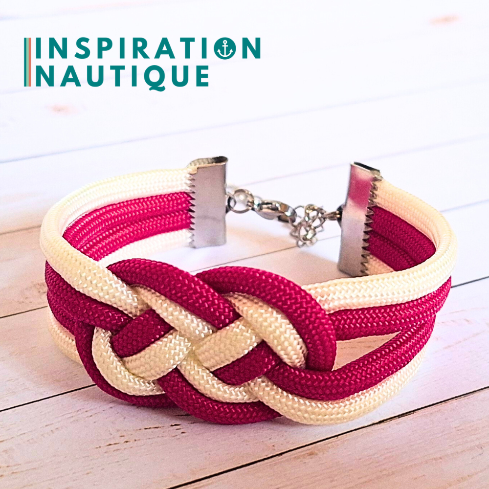 Bracelet marin avec noeud de carrick double, en paracorde 550 et acier inoxydable, Fuchsia et blanc, Small
