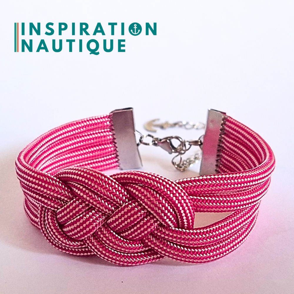 Bracelet marin avec noeud de carrick double, en paracorde 550 et acier inoxydable, Fuchsia et blanc ligné