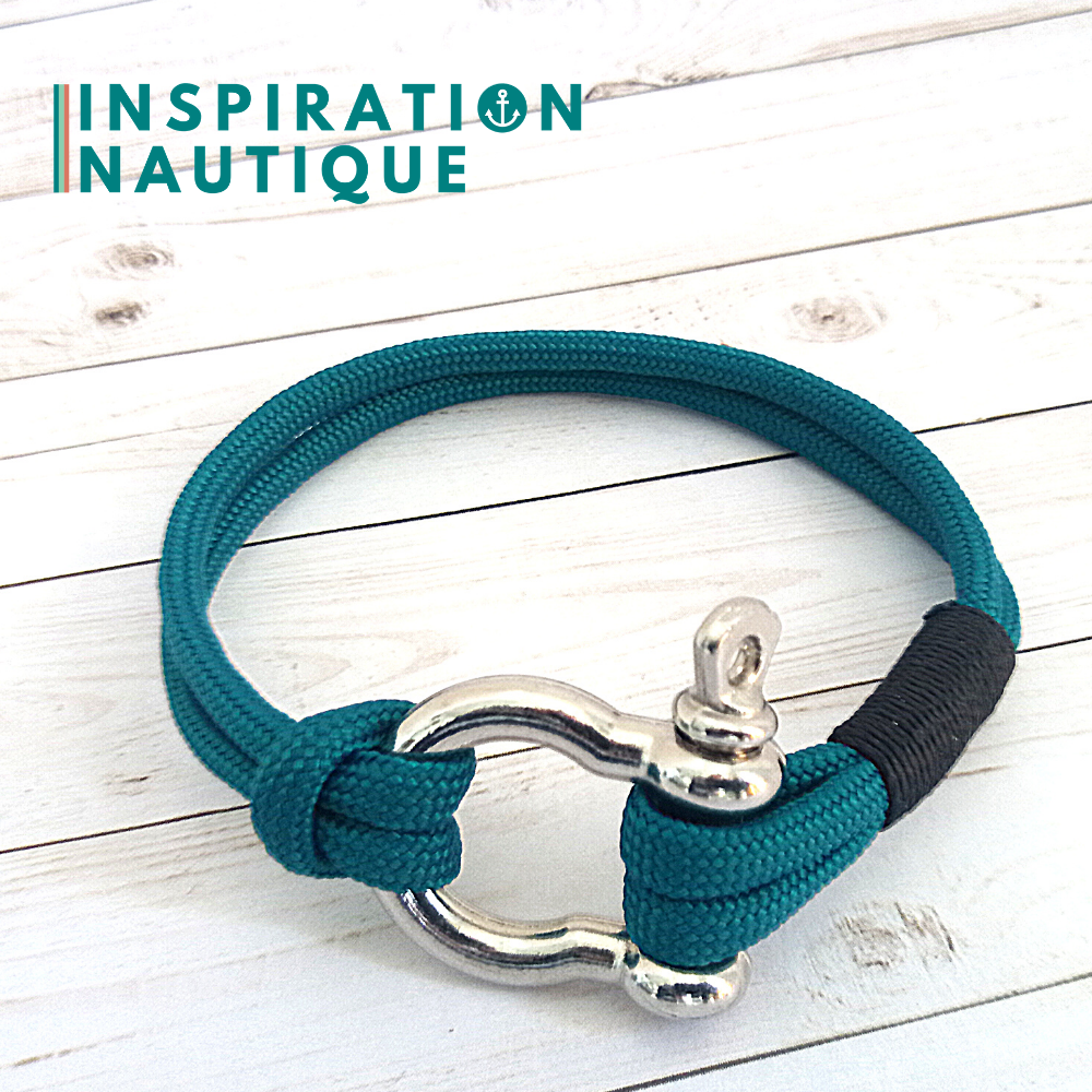 Bracelet marin avec manille en paracorde 550 et acier inoxydable, Sarcelle, Surliure noire, Medium
