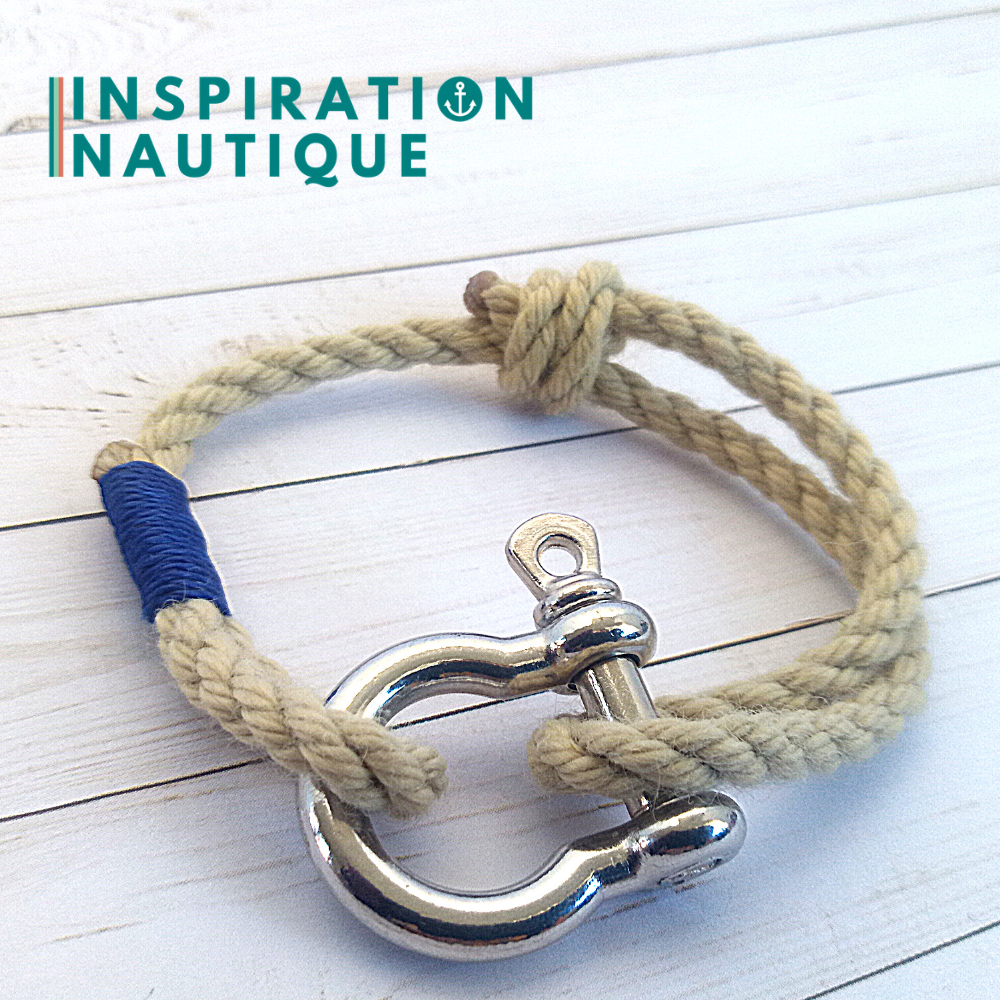 Bracelet marin avec manille en cordage de bateau et acier inoxydable, ajustable, Naturel, surliure Marine, Medium