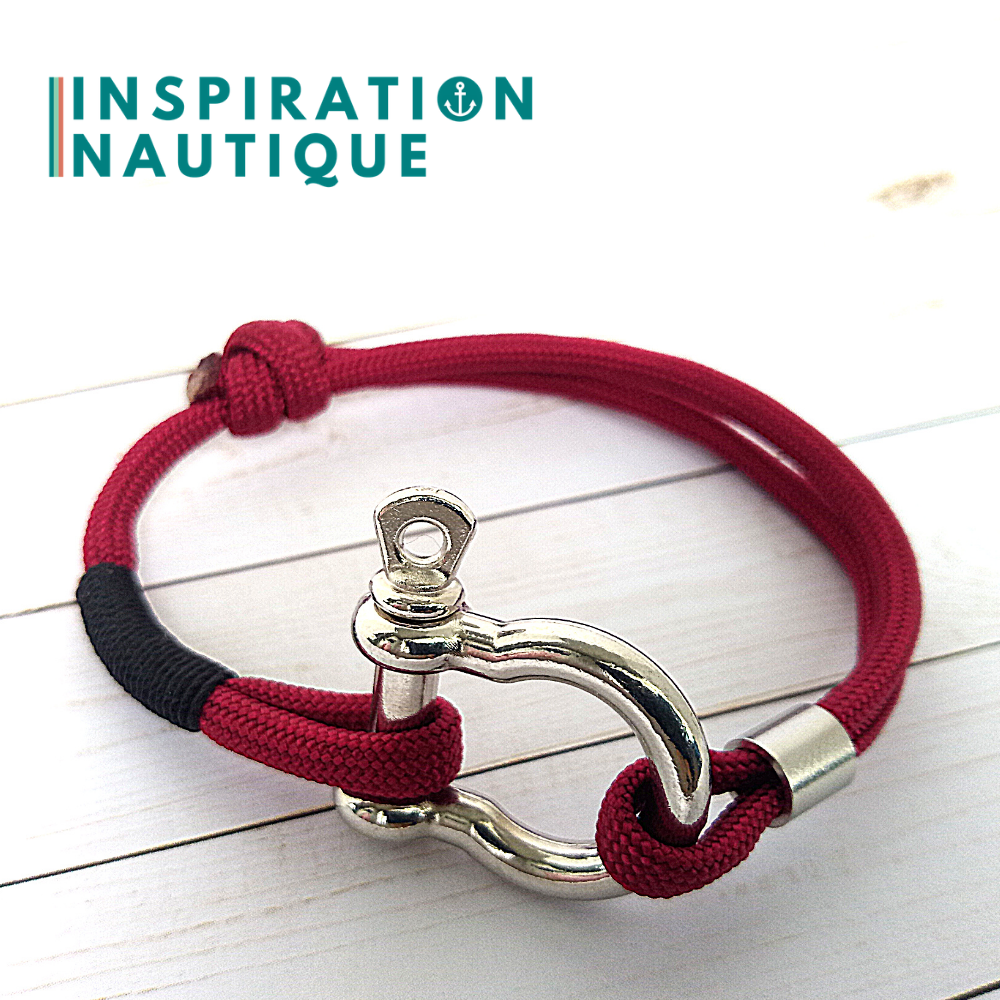 Bracelet marin avec manille en paracorde 550 et acier inoxydable, ajustable, Bourgogne, Surliure noire, Medium
