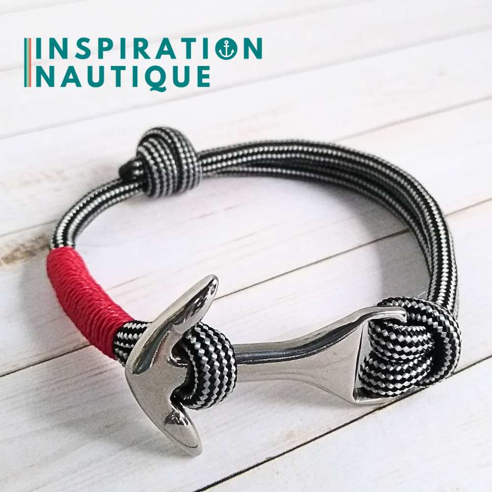 Bracelet marin avec ancre moyenne en paracorde 550 et acier inoxydable, ajustable, Noir et argenté ligné, surliure rouge, Medium
