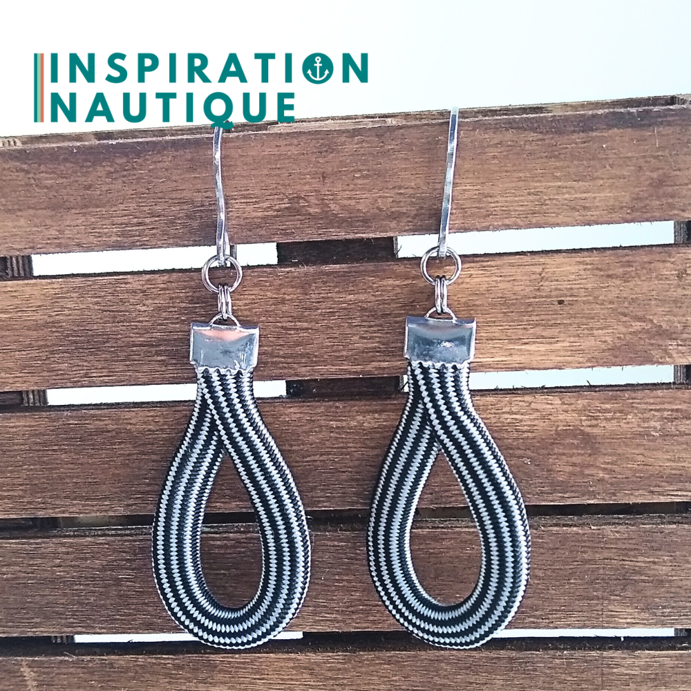 Boucles d'oreilles Goutte, Noir et argenté ligné