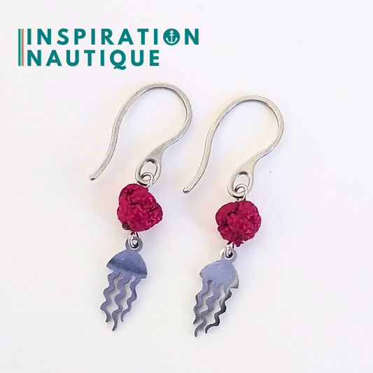 Boucles d'oreilles avec bille en corde et méduse en acier inoxydable, Bourgognes