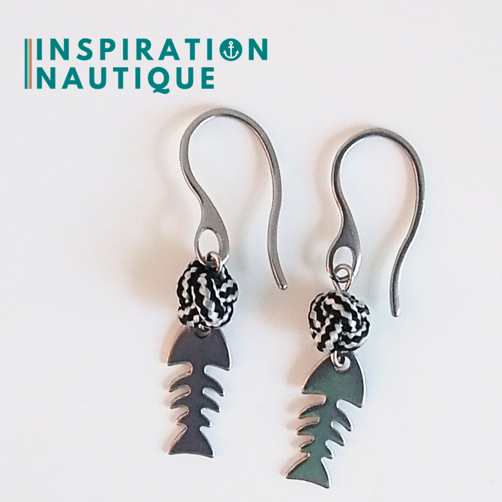 Boucles d'oreilles avec bille en corde et poisson en acier inoxydable, Noir et argenté ligné
