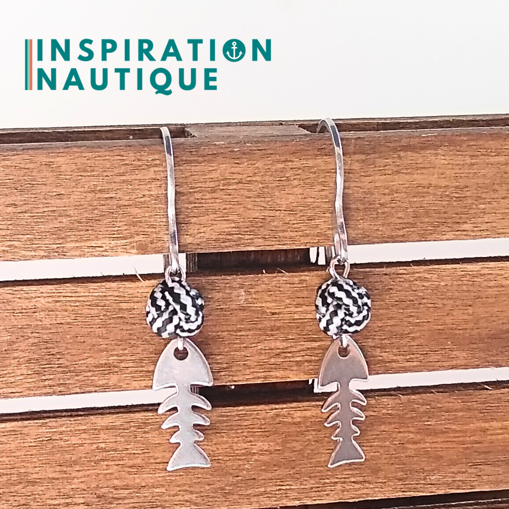 Boucles d'oreilles avec bille en corde et poisson en acier inoxydable, Noir et argenté ligné