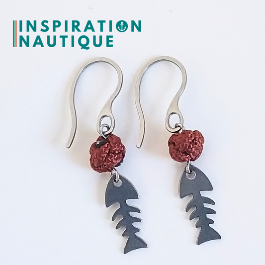 Boucles d'oreilles avec bille en corde et poisson en acier inoxydable, Rouille