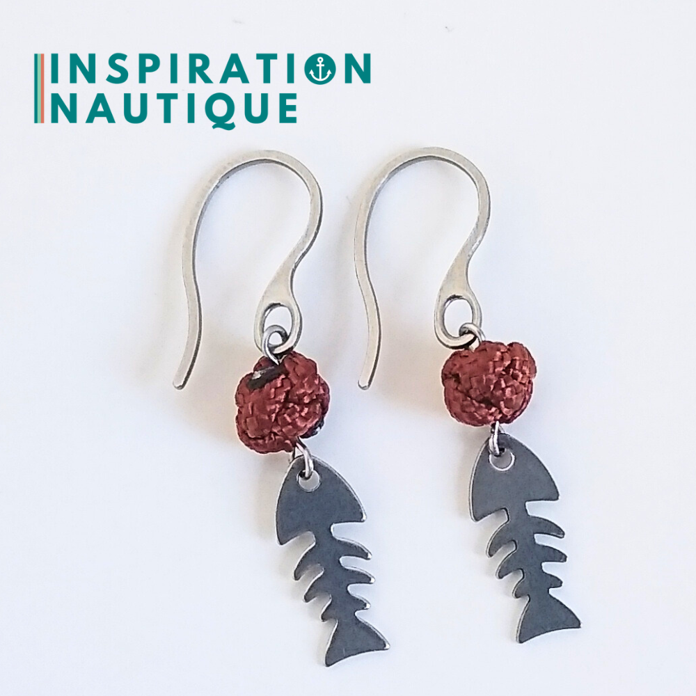 Boucles d'oreilles avec bille en corde et poisson en acier inoxydable, Rouille