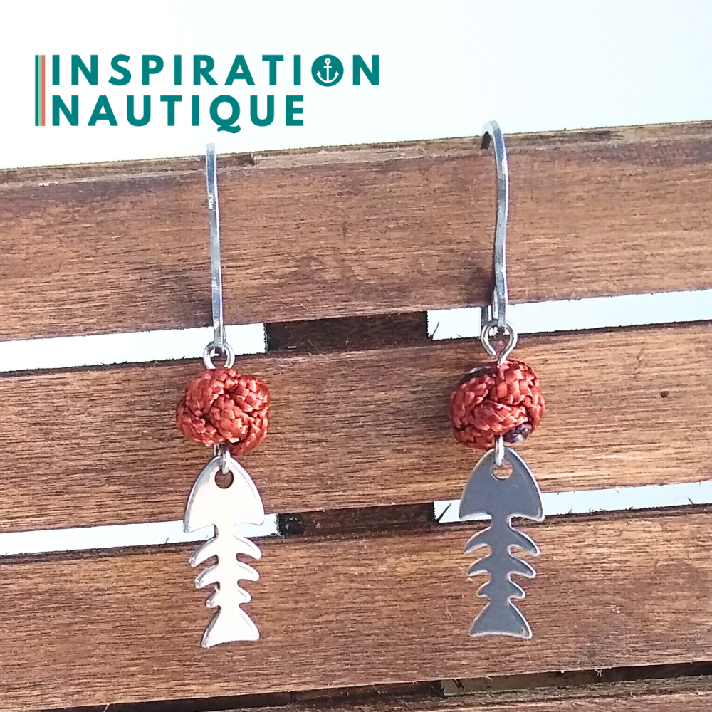 Boucles d'oreilles avec bille en corde et poisson en acier inoxydable, Rouille
