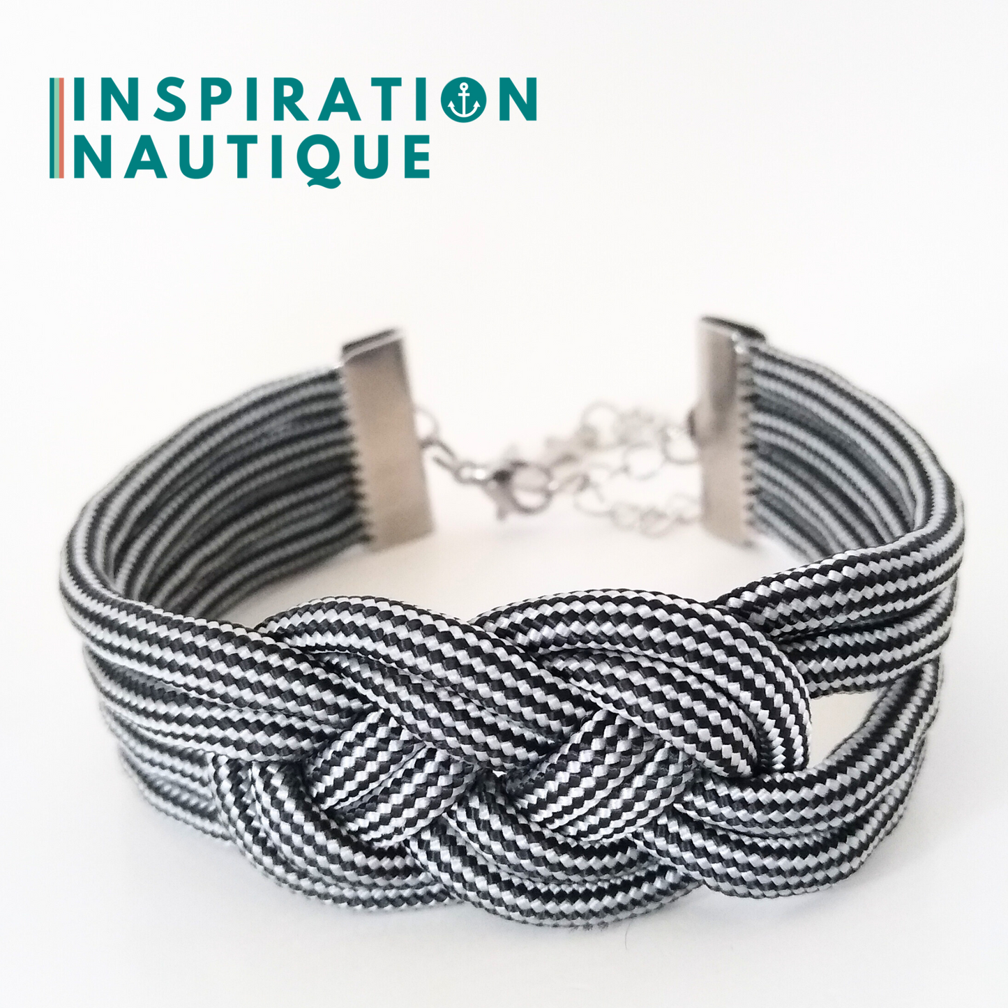 Bracelet marin avec noeud de carrick double unisexe, en paracorde 550 et acier inoxydable, Noir et argenté, ligné, Medium