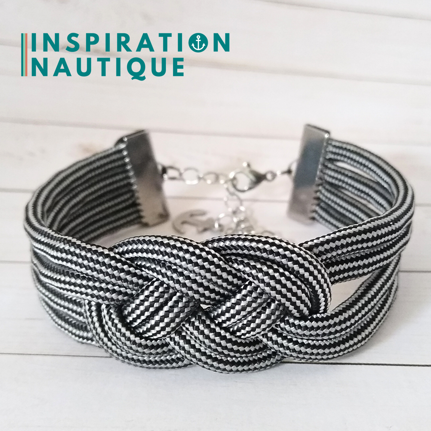 Bracelet marin avec noeud de carrick double unisexe, en paracorde 550 et acier inoxydable, Noir et argenté, ligné, Medium