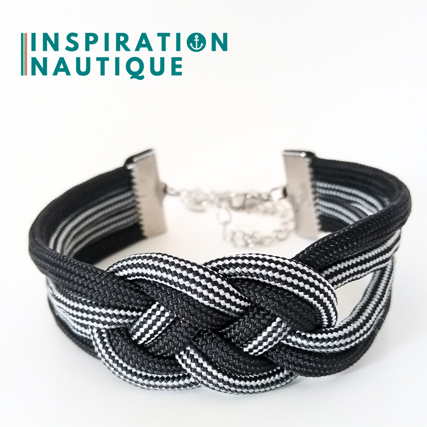 Bracelet marin avec noeud de carrick double unisexe, en paracorde 550 et acier inoxydable, Noir et noir et argenté, ligné, Medium