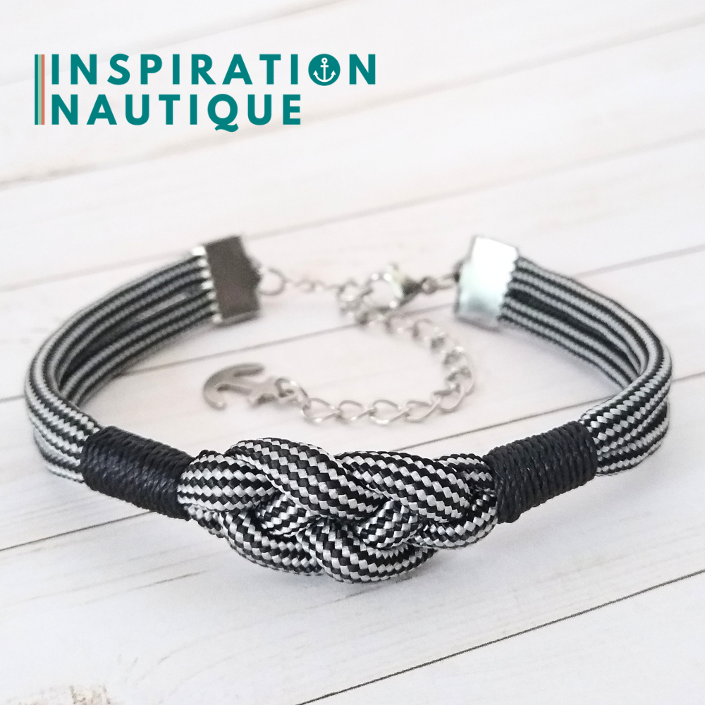 Bracelet marin avec noeud de carrick simple, noir et argenté, ligné, surliure noire, Medium