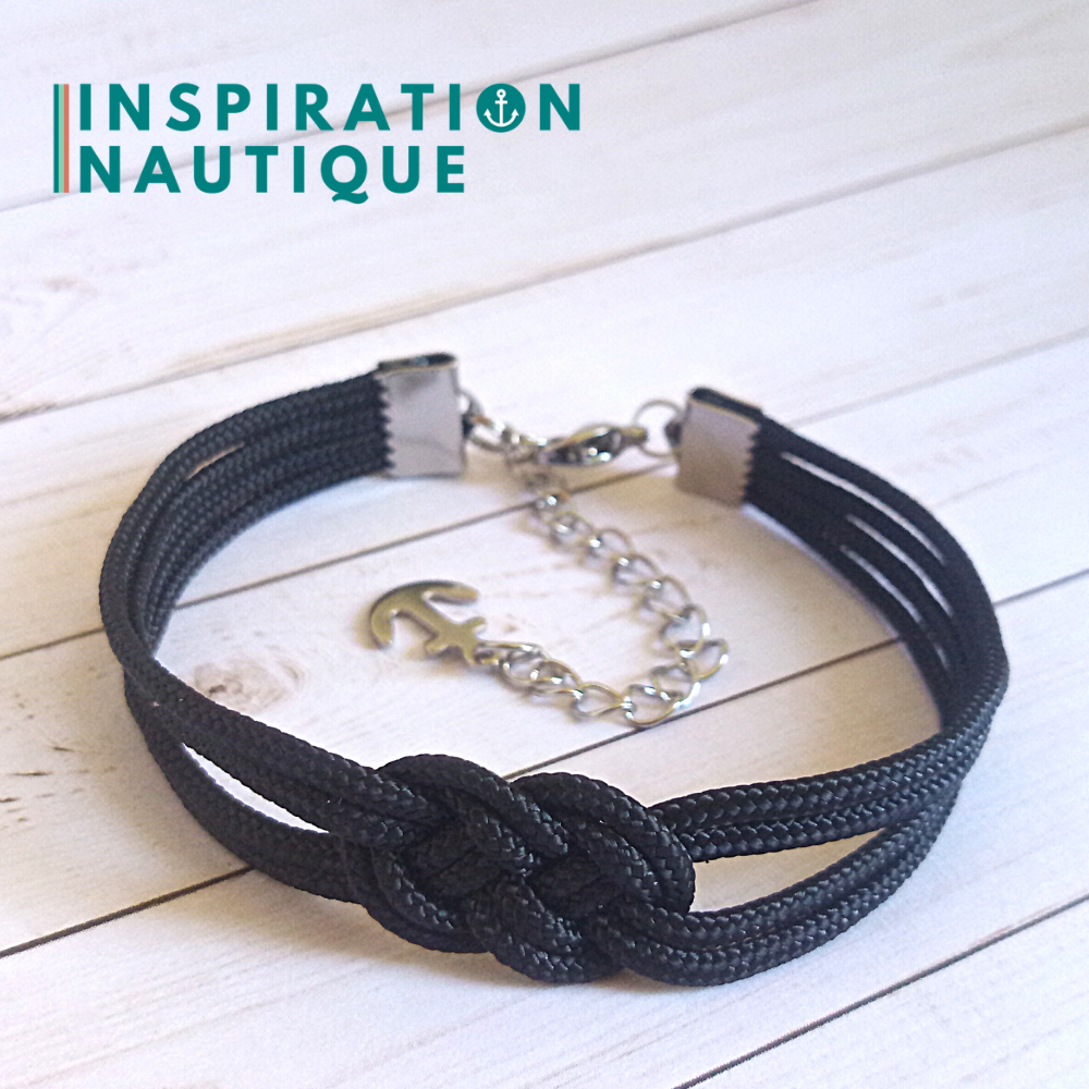 M - Bracelet marin avec mini noeud de carrick double, en petite paracorde et acier inoxydable, Noir, Medium