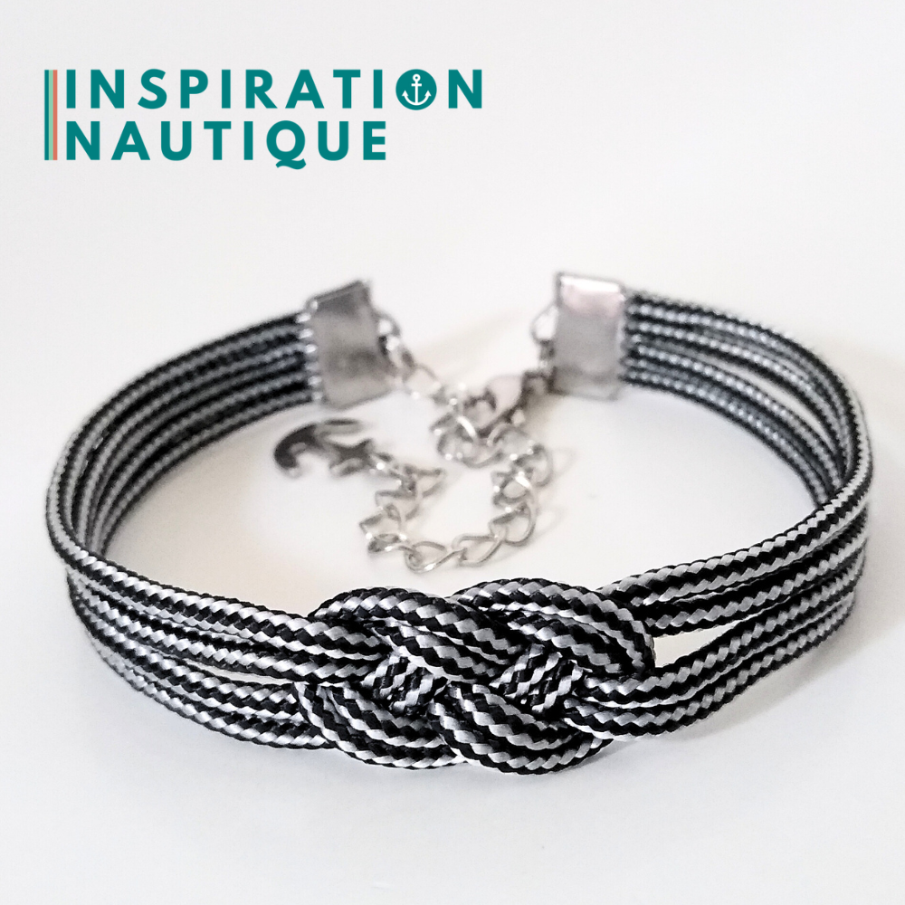 Bracelet marin avec mini noeud de carrick double, Noir et argenté ligné