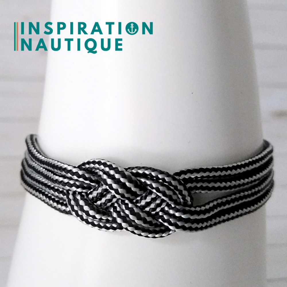 Bracelet marin avec mini noeud de carrick double, Noir et argenté ligné