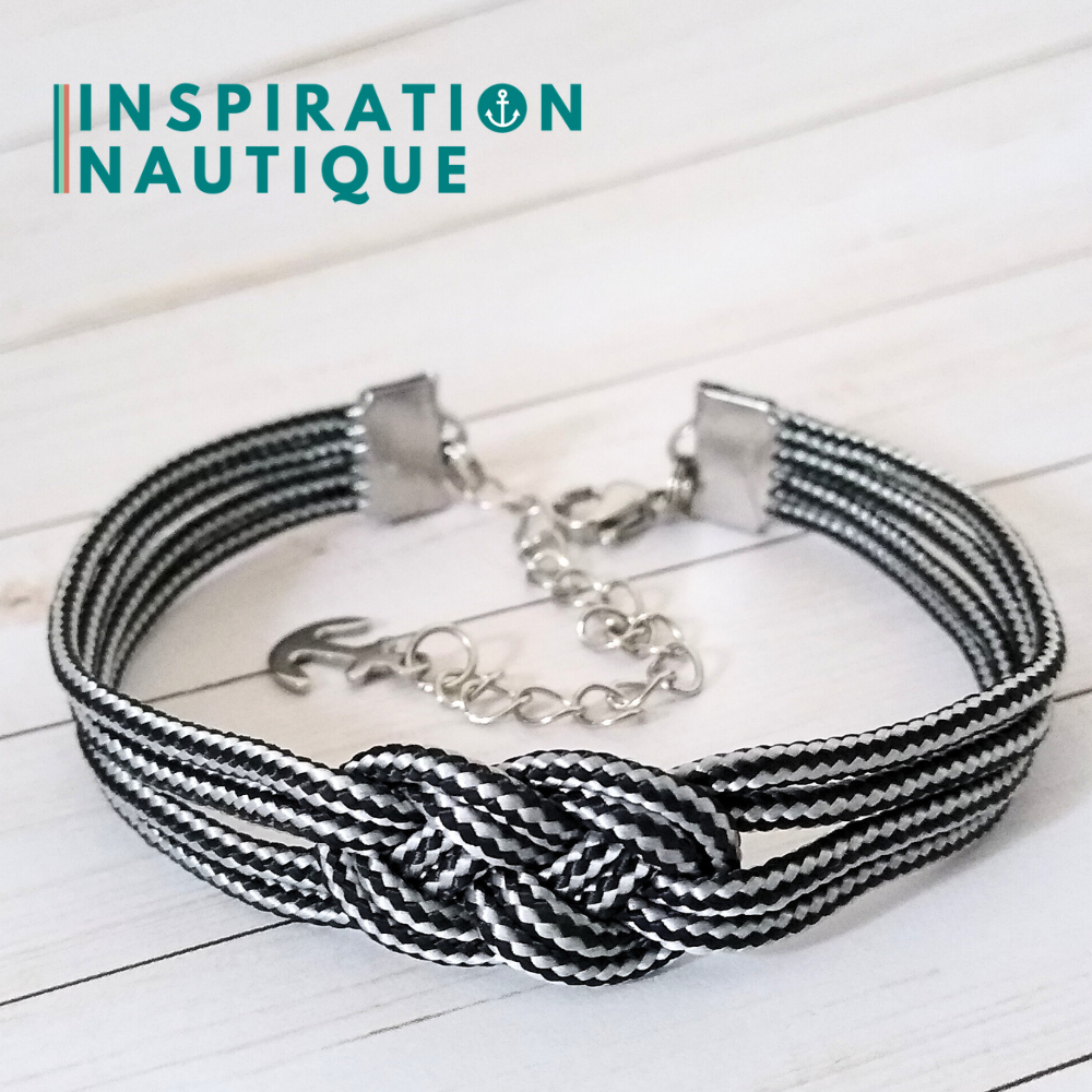 Bracelet marin avec mini noeud de carrick double, Noir et argenté ligné