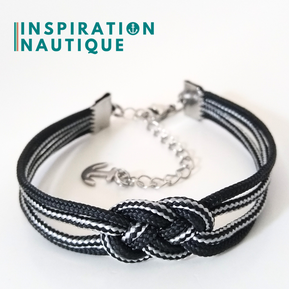 Bracelet marin avec mini noeud de carrick double, Noir, et noir et argenté ligné, Medium