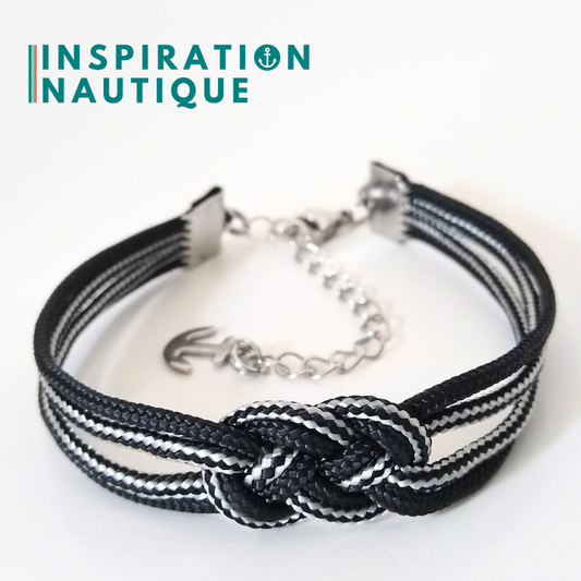 Bracelet marin avec mini noeud de carrick double, Noir, et noir et argenté ligné, Medium
