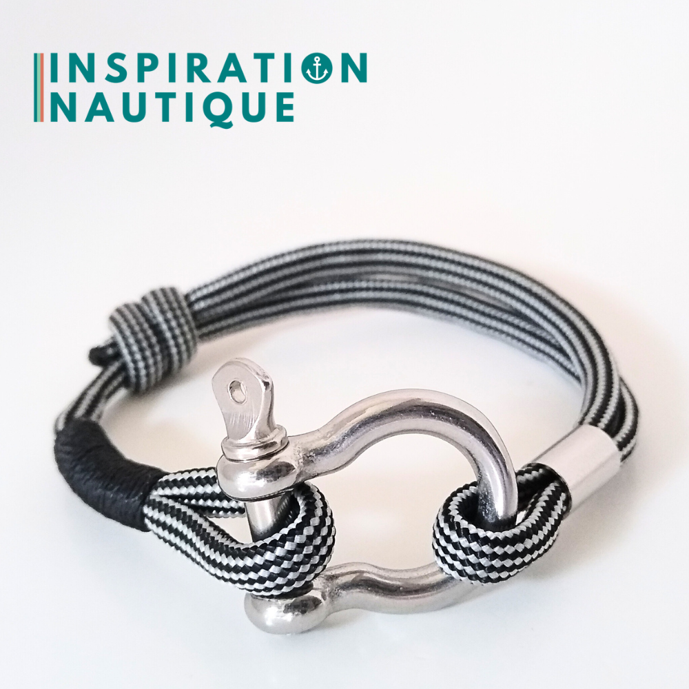 Bracelet marin avec manille en paracorde 550 et acier inoxydable, ajustable, noir et argenté, ligné, surliure noire, Medium