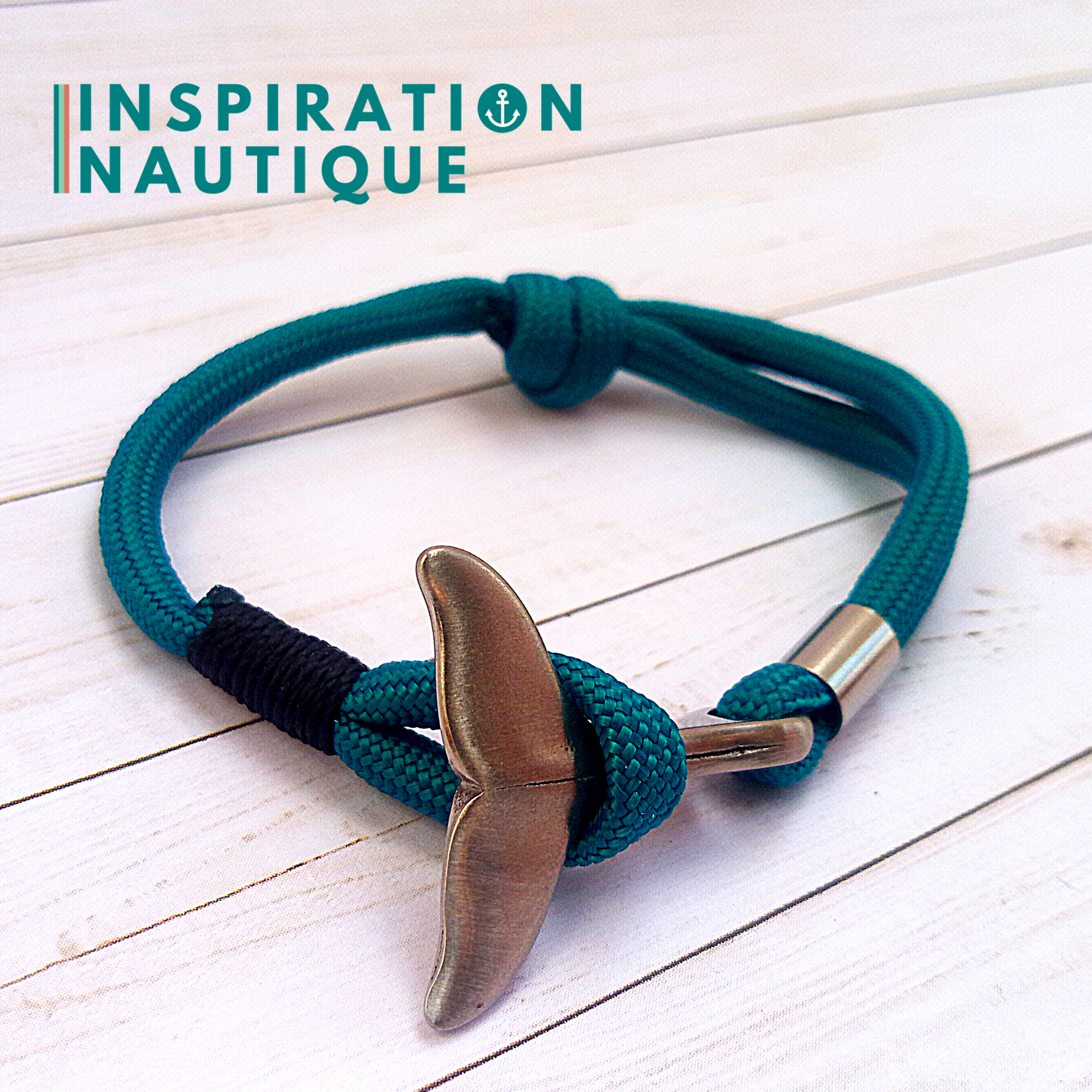 Bracelet marin avec queue de baleine en paracorde 550 et acier inoxydable, ajustable, Sarcelle, surliure noire, Medium