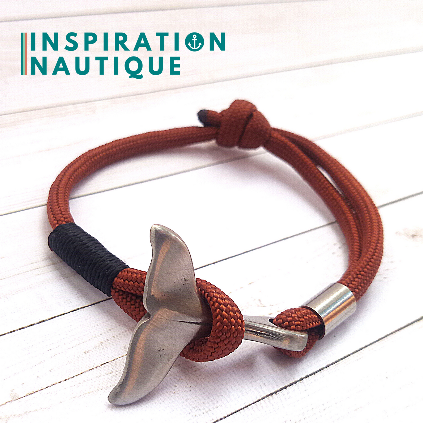 Bracelet marin avec queue de baleine en paracorde 550 et acier inoxydable, ajustable, Rouille, Surliure noire, Medium