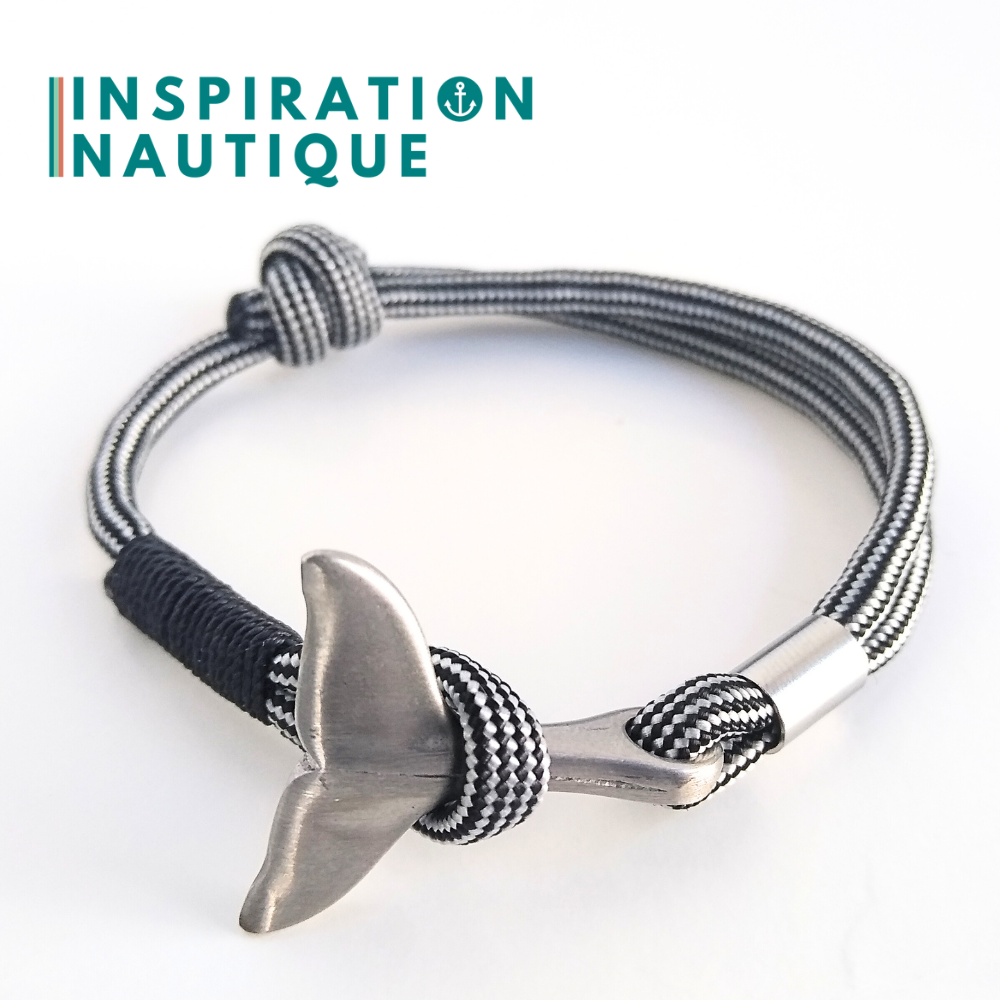 Bracelet marin avec queue de baleine en paracorde 550 et acier inoxydable, ajustable, Noir et argenté ligné, surliure noire, Medium