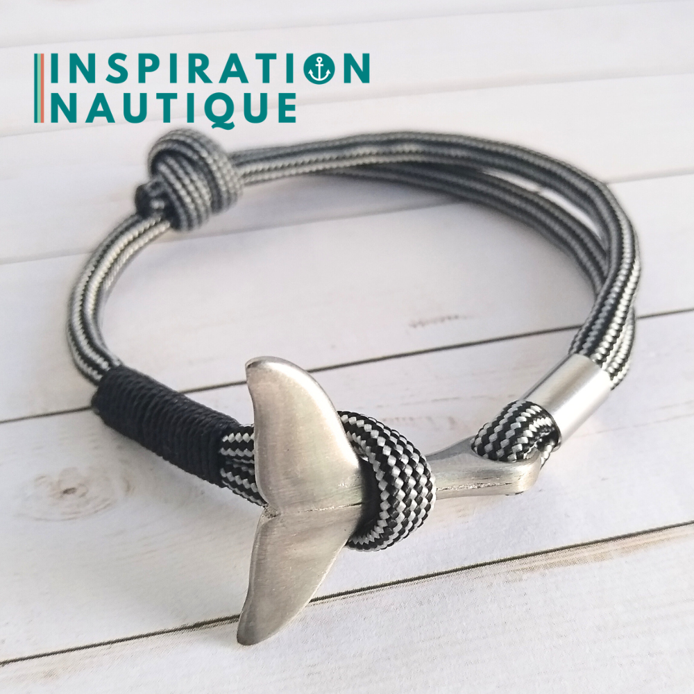 Bracelet marin avec queue de baleine en paracorde 550 et acier inoxydable, ajustable, Noir et argenté ligné, surliure noire, Medium