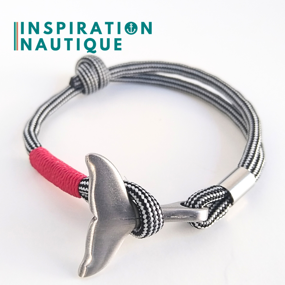 Bracelet marin avec queue de baleine en paracorde 550 et acier inoxydable, ajustable, Noir et argenté ligné, surliure rouge, Medium
