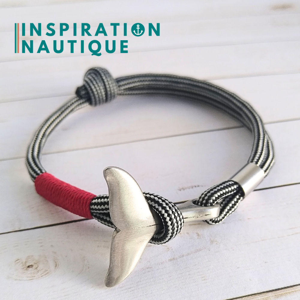 Bracelet marin avec queue de baleine en paracorde 550 et acier inoxydable, ajustable, Noir et argenté ligné, surliure rouge, Medium