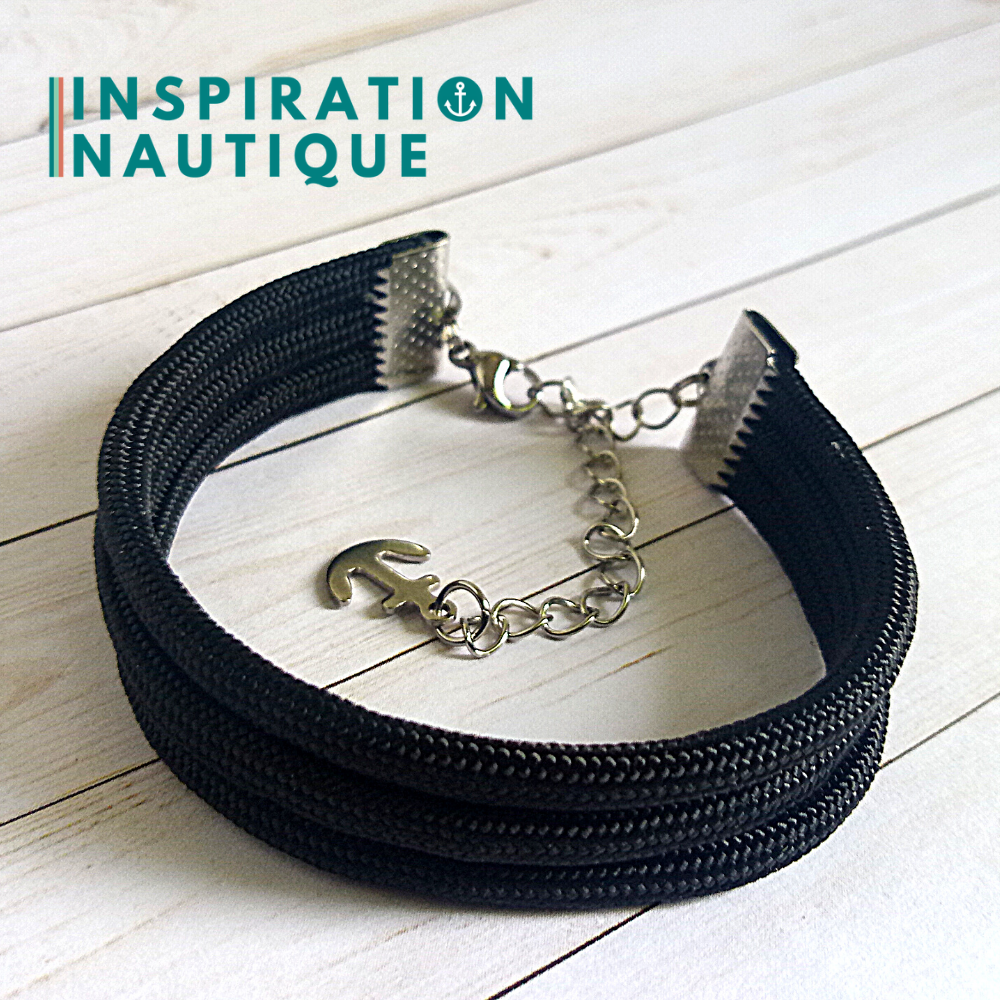 Bracelet marin triple rayures en paracorde 550 et acier inoxydable, Noir, Medium