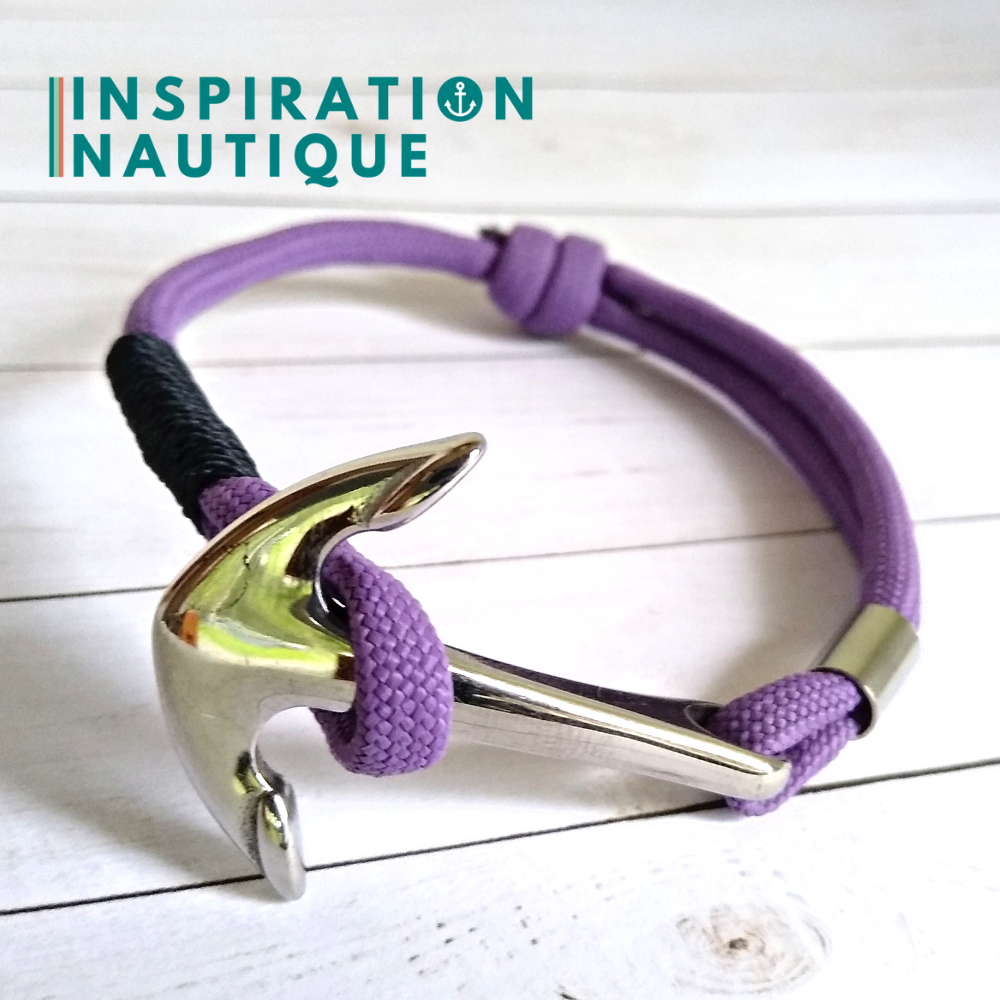 Bracelet marin avec ancre en paracorde 550 et acier inoxydable, ajustable, Lilas, surliure marine, Medium