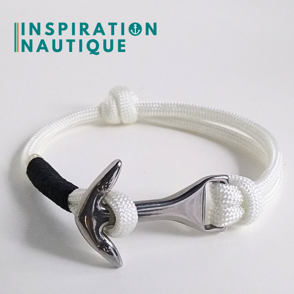 Bracelet marin avec ancre moyenne en paracorde 550 et acier inoxydable, ajustable, Blanc, surliure noire, Medium