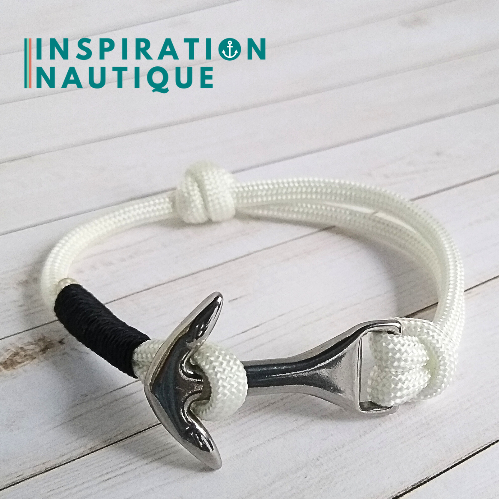 Bracelet marin avec ancre moyenne en paracorde 550 et acier inoxydable, ajustable, Blanc, surliure noire, Medium