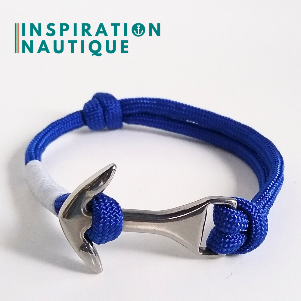 Bracelet marin avec ancre moyenne en paracorde 550 et acier inoxydable, ajustable, Bleu, surliure blanche, Medium