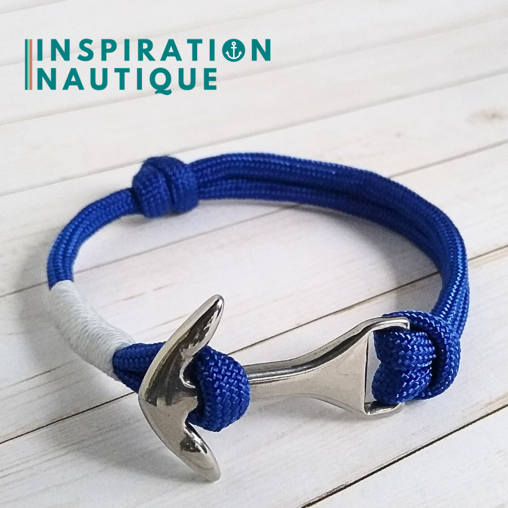 Bracelet marin avec ancre moyenne en paracorde 550 et acier inoxydable, ajustable, Bleu, surliure blanche, Medium