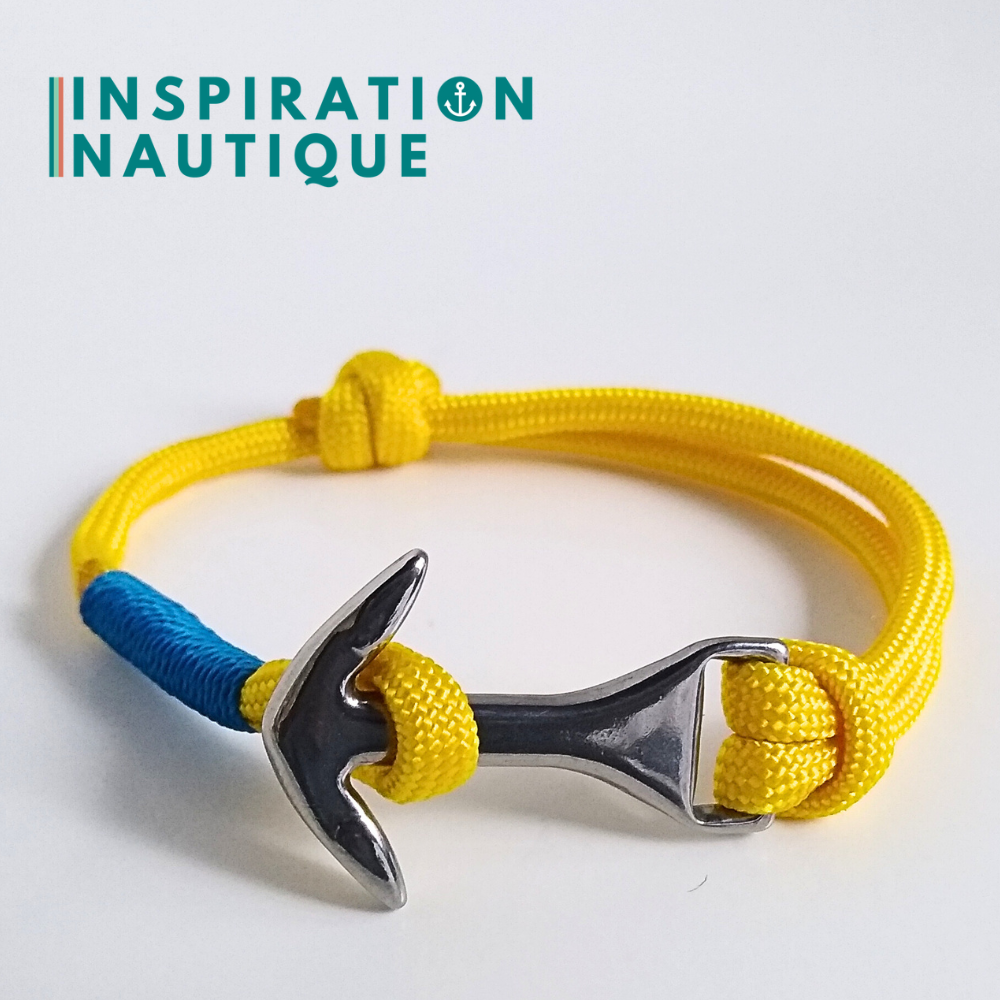 Bracelet marin avec ancre moyenne en paracorde 550 et acier inoxydable, ajustable, Jaune, surliure noire, Medium