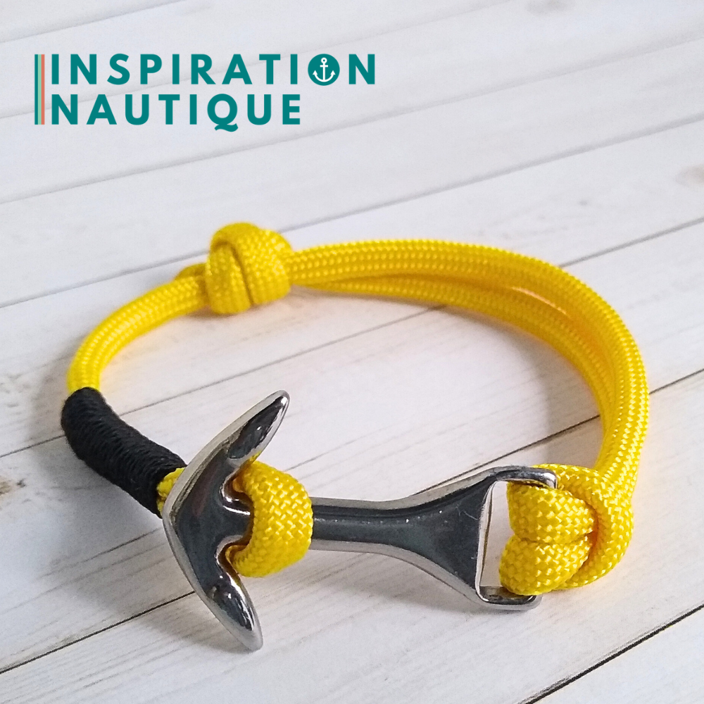 Bracelet marin avec ancre moyenne en paracorde 550 et acier inoxydable, ajustable, Jaune, surliure noire, Medium