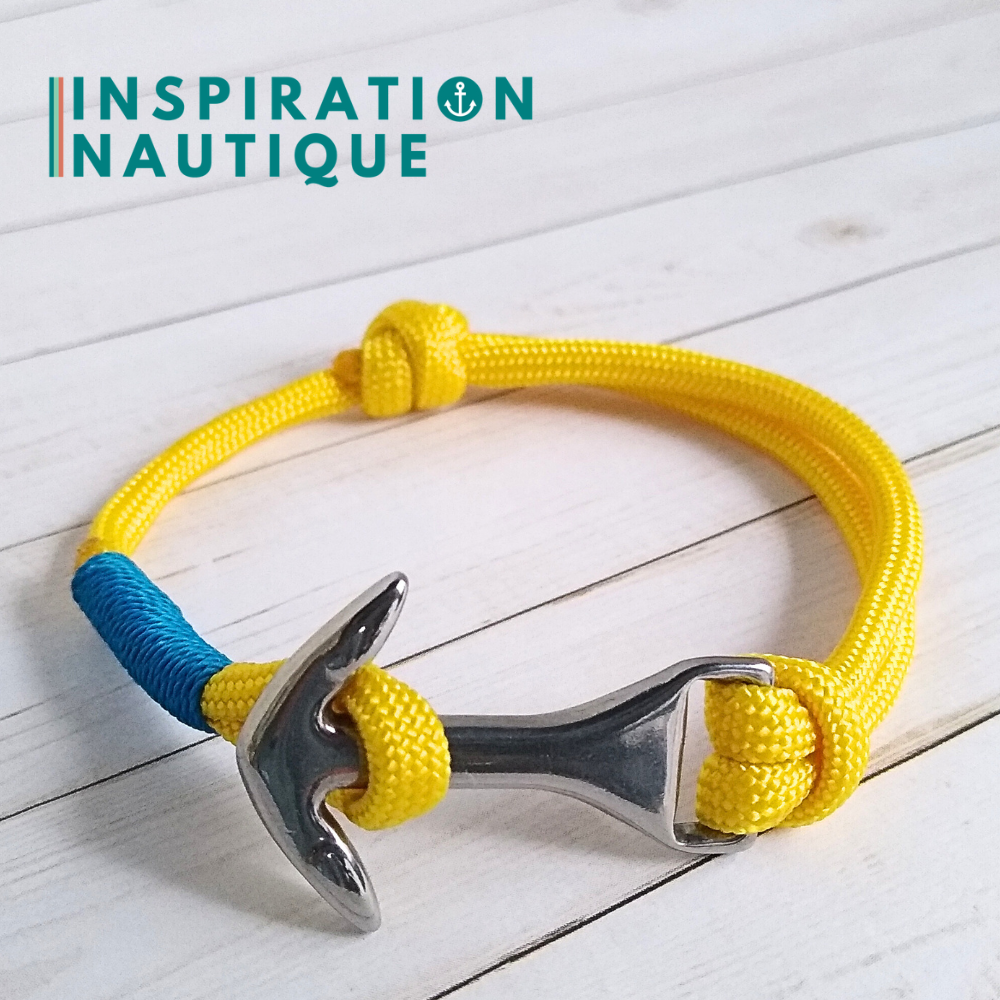 Bracelet marin avec ancre moyenne en paracorde 550 et acier inoxydable, ajustable, Jaune, surliure noire, Medium