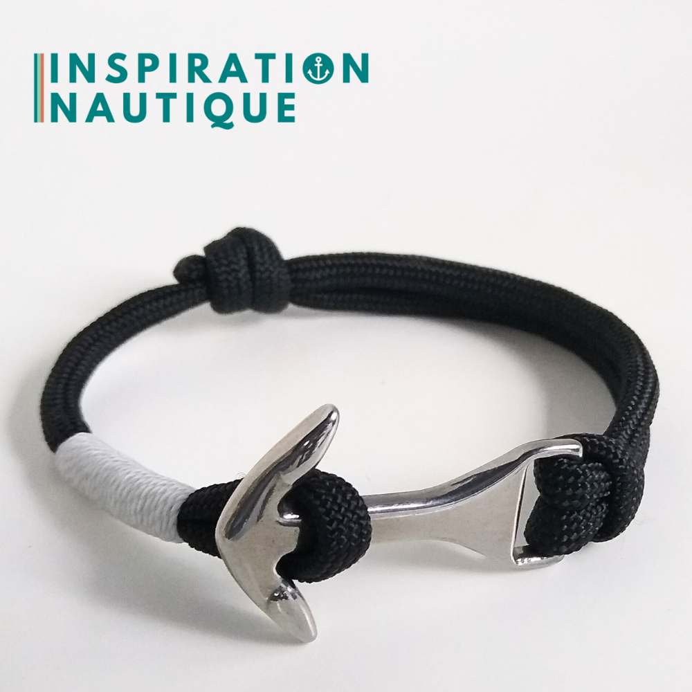 Bracelet marin avec ancre moyenne en paracorde 550 et acier inoxydable, ajustable, Noir, surliure blanche, Medium