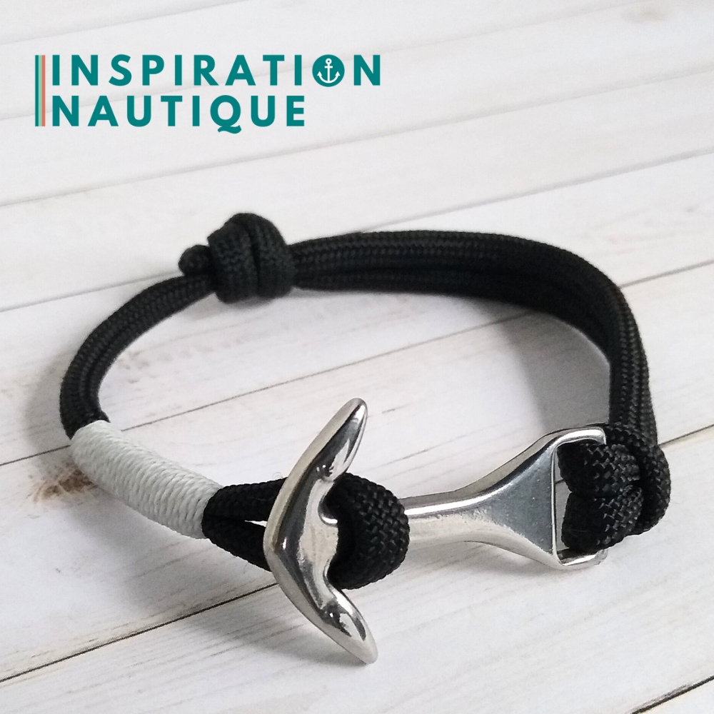 Bracelet marin avec ancre moyenne en paracorde 550 et acier inoxydable, ajustable, Noir, surliure blanche, Medium