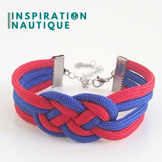 Bracelet marin avec noeud de carrick double unisexe, en paracorde 550 et acier inoxydable,, Bleu et rouge, Medium