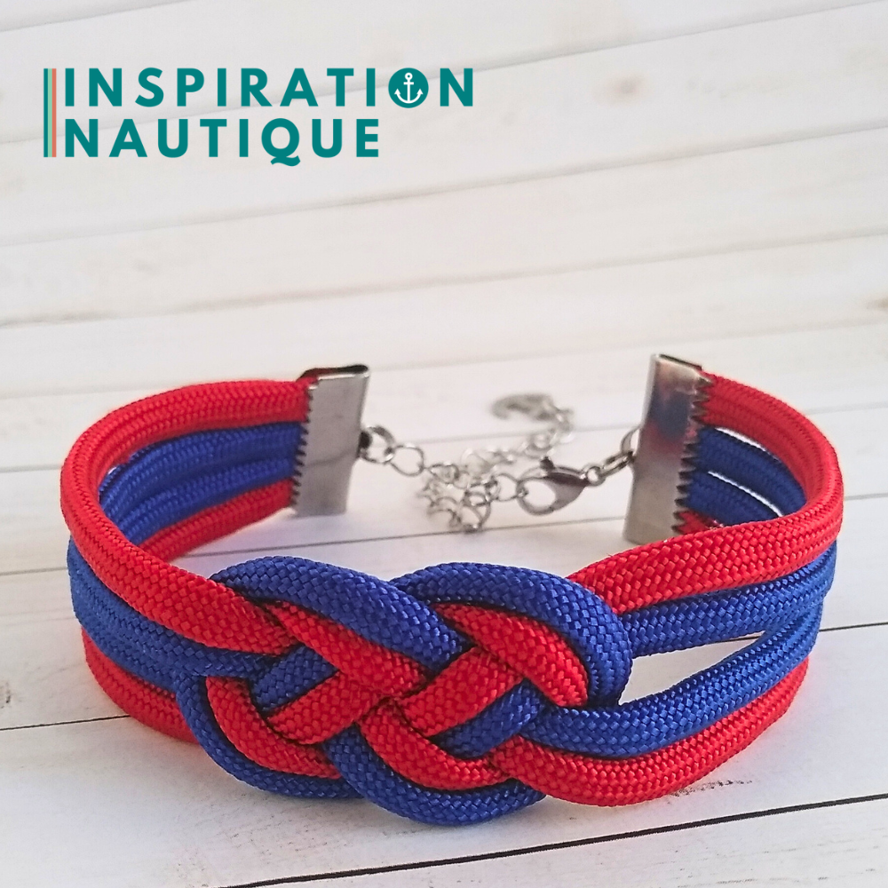 Bracelet marin avec noeud de carrick double unisexe, en paracorde 550 et acier inoxydable,, Bleu et rouge, Medium